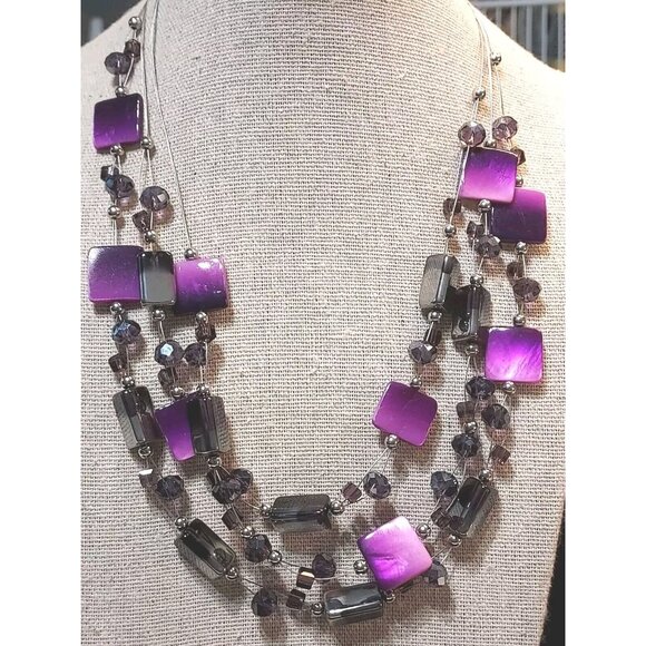 Charming Charlie Triple Strand Costume Purple Hematite Amethysts Necklace - Picture 2 of 6
